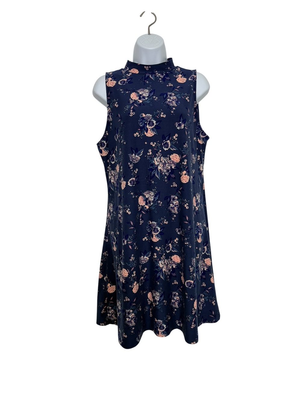 Mudd XL Navy Floral Mock Neck Swing Dress Sleeveless ALine Soft Comfy Mini Dress
